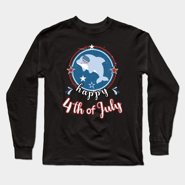 Happy 4Th of July Cute Dolphin Retro Long Sleeve T-Shirt by Cute Pets Graphically